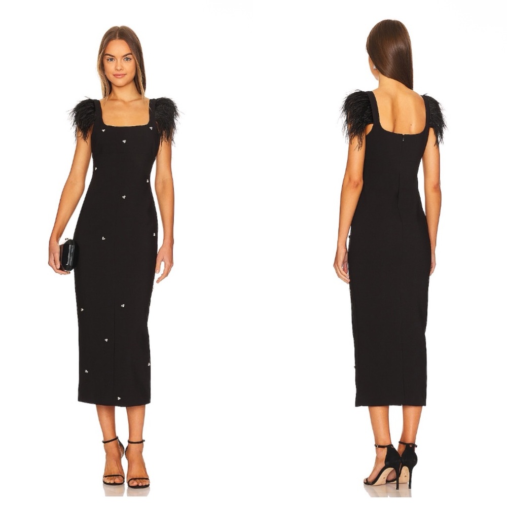 Likely Revolve Cameron Midi Dress Rhinestone Embellished Feather Sleeve Dress 4